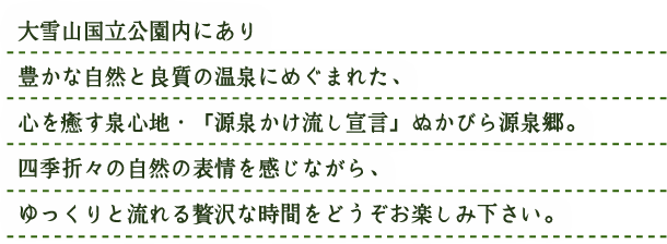 大雪山国立公園内にあり豊かな自然と良質の源泉にめぐまれた、心を癒す泉心地・「源泉かけ流し宣言」ぬかびら源泉郷。四季折々の自然の表情を感じながら、ゆっくりと流れる贅沢な時間をどうぞお楽しみ下さい。